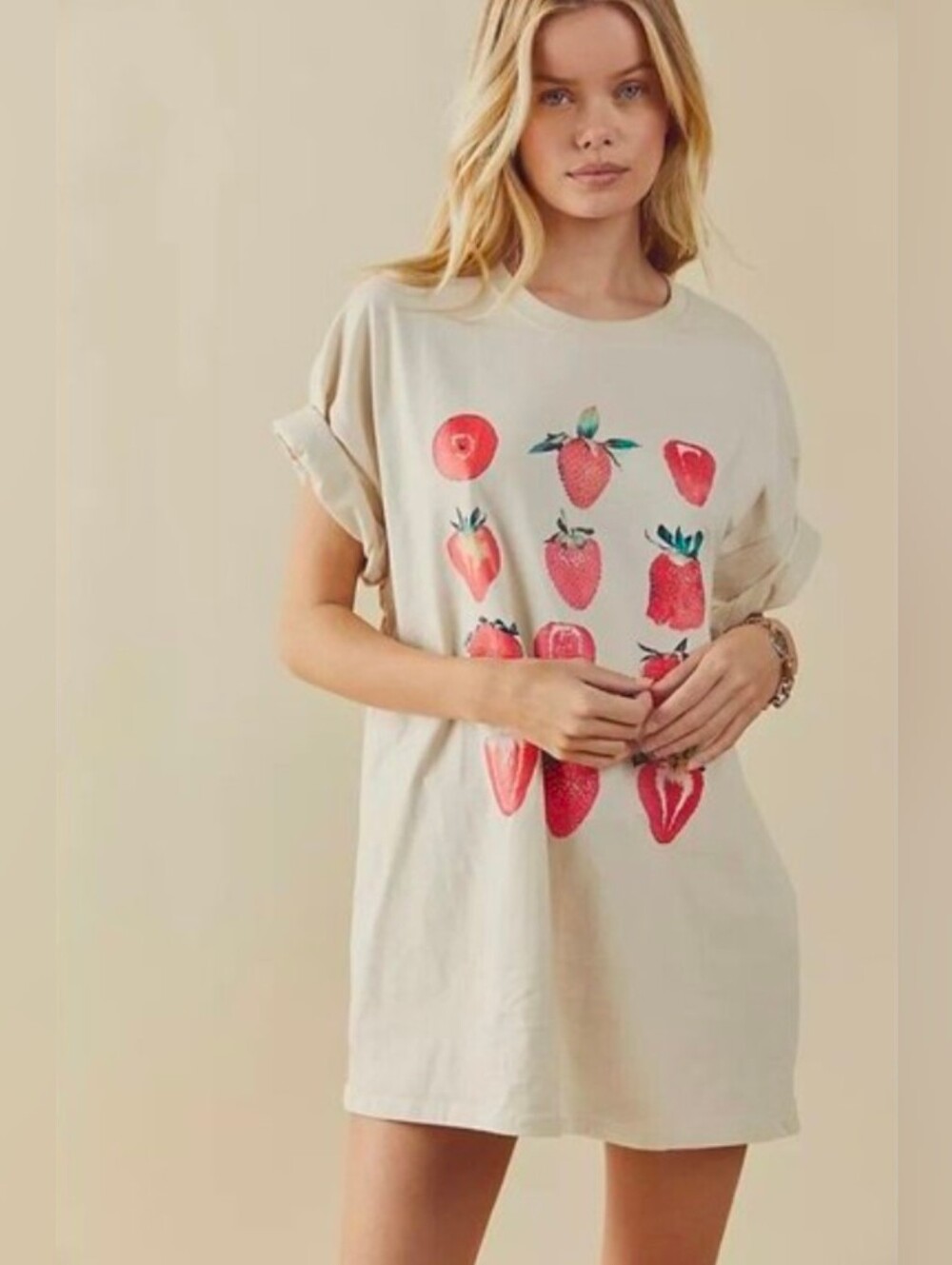 FREE PEOPLE X GIRL DANGEROUS Sz S/M STRAWBERRIES OVERSIZED TEE